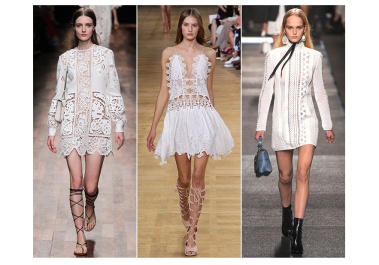 White lace is a favourite this Summer. Showing bits of skin increases the desire of both the fabric, dress and the lady underneath. From left to right:  Valentino, Chloé, Louis Vuitton
