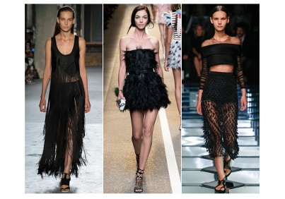 'Night birds' shows feathering and fringing on dark fabrics giving that mysterious but elegant chic night time look! From left to right: Proenza Schouler, Fendi, Balenciaga